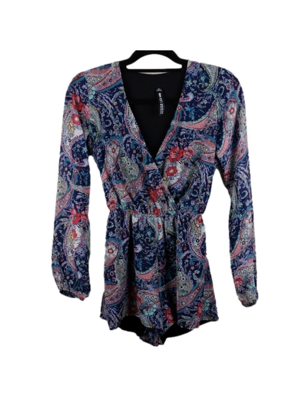 Design Lab Lord &Taylor Blue Multicolored Paisley Long Sleeve Crossbody Romper